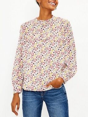LOFT Pink Yellow Floral Long-Sleeve Crewneck Flowy Modal Blouse Extra Large
